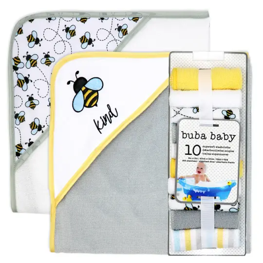 Buba Baby 2 Pack Hooded Baby Bath Towels with 10 Matching Washcloth Set, Bumble Bees