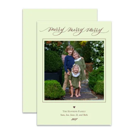 "Merry Merry Merry" Portrait Green with Burgundy Foil Printed Photo Attached Holiday Card