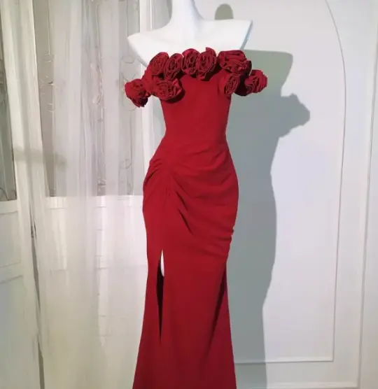 Elegant Red High-Slit Sheath Bateau Long Women Dress with Applique Prom Dress Evening Dress RS083