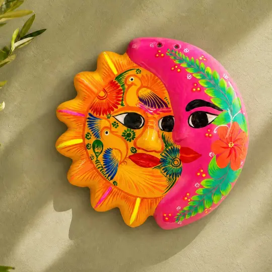 Hand-Painted Xalitla Sun and Moon Clay Wall Decor