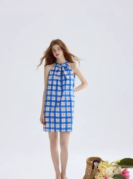 Plaid dress halter neck suspender skirt short skirt vacation wear skirt women summer R3455