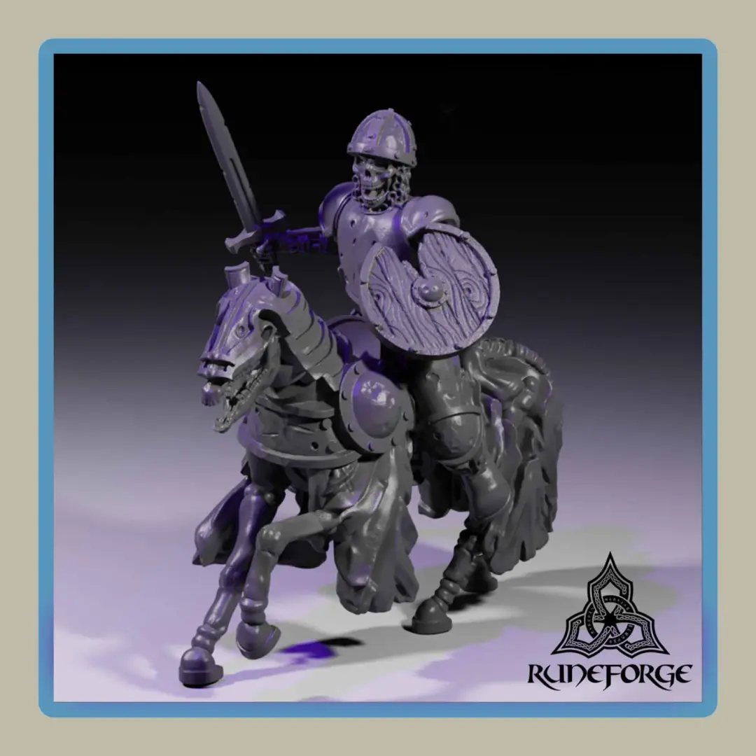 render of 28mm miniature skeleton undead cavalry bucking