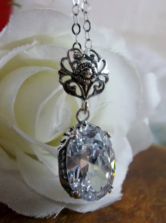 White CZ Pendant, Cubic Zirconia Edwardian Jewelry #P70