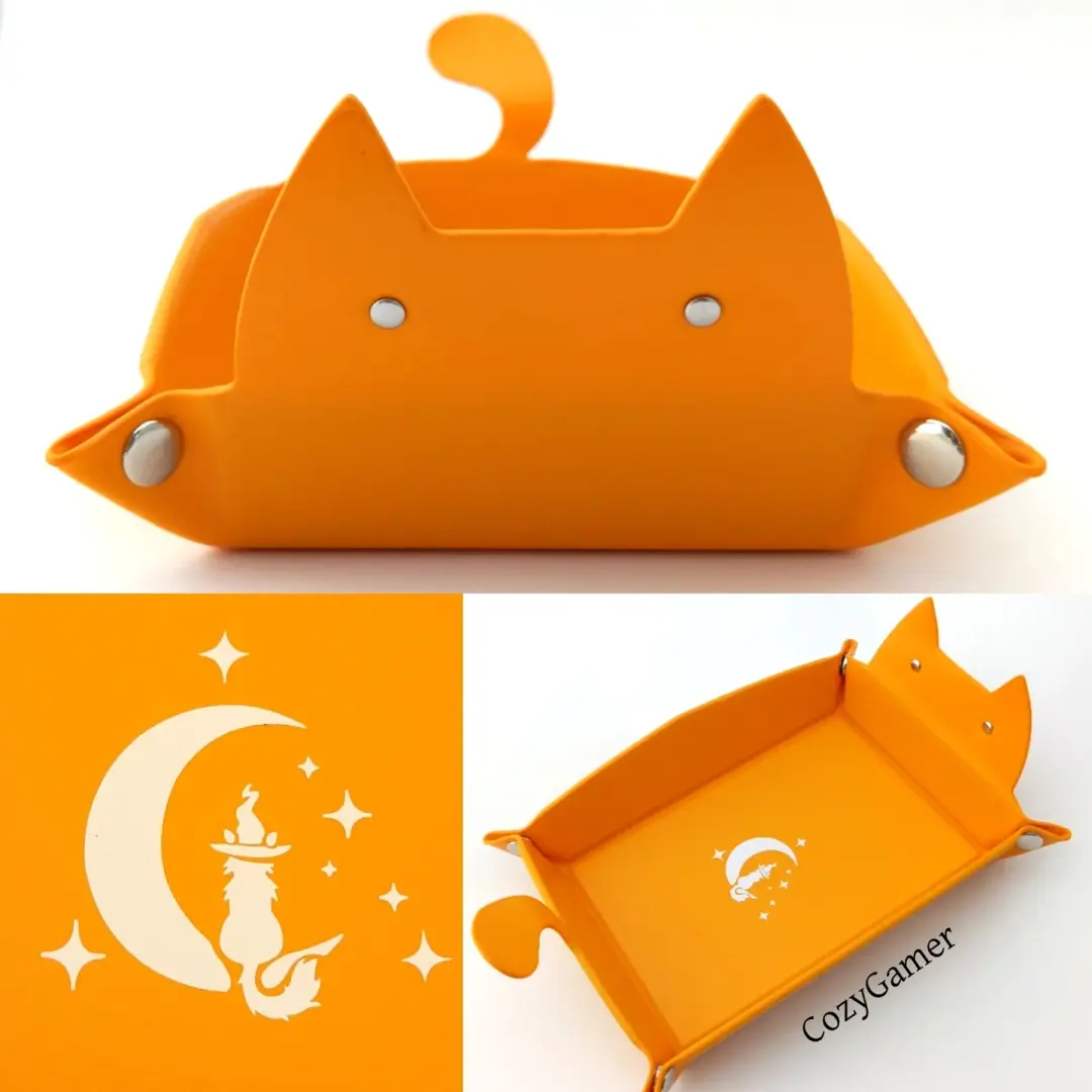 Cat Dice Tray in Orange | Foldable PU Leather Rolling Tray for DnD
