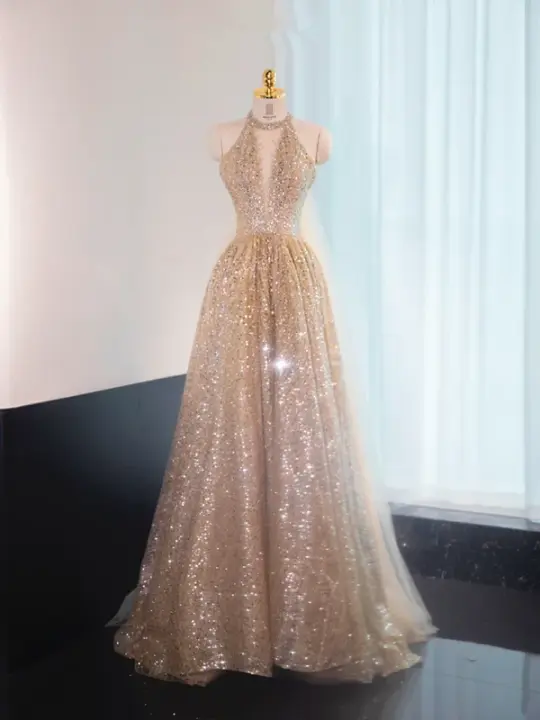 Apricot halter neck fitted waist long ball gown, bridal dress R9003