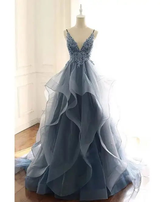 Elegant Pale Blue A-Line V-neck Long Women Dress with Embroidery Evening Dress Prom Dress RS067