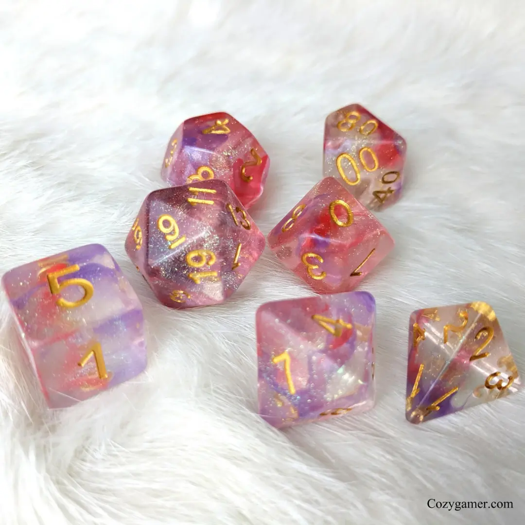 Fuchsia DnD Dice Set, 7-Piece Purple and Red Glitter Dice