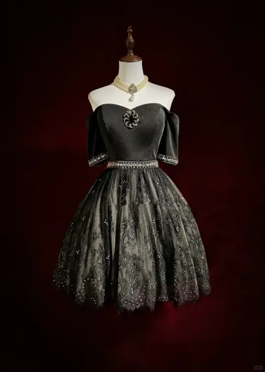 Black tube top waist slim backless design lace skirt design puffy skirt homecoming dress R4934