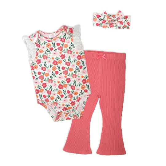 Baby Mode Baby Girls 3 Piece Eyelet Floral Pants Set, 18M