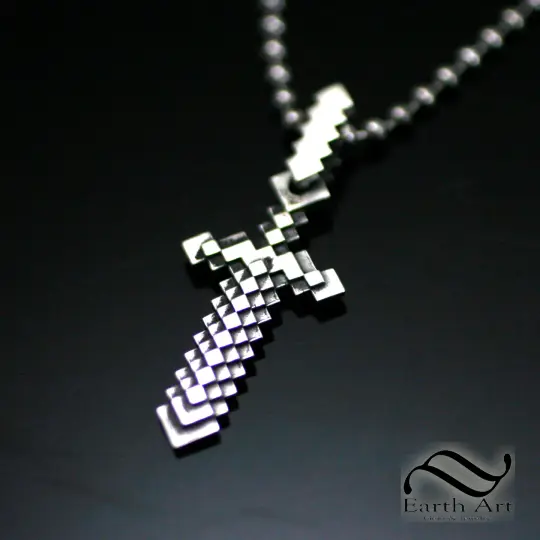 Pixelated Sword Pendant- Sterling Silver - video game Inspired