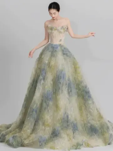 French Chic Floral Celebrity Dress ,A-Line Strapless Applique Tulle Corset Maxi Evening Dress RS937