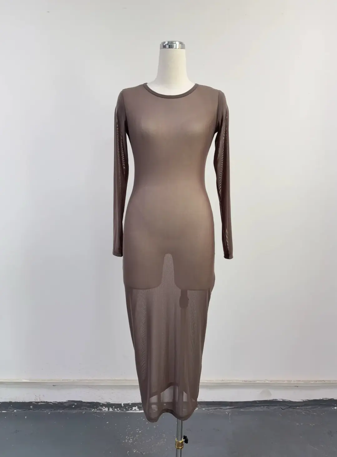SAMPLE #390 - S Sheer Mesh Long Sleeve Maxi Dress - Brown