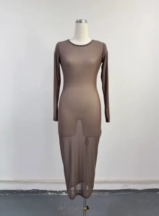 SAMPLE #390 - S Sheer Mesh Long Sleeve Maxi Dress - Brown