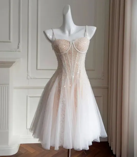 Pink Sequined Strapless Waisted A-Line Layered Tulle Short Skirt Homecoming Dress R3375
