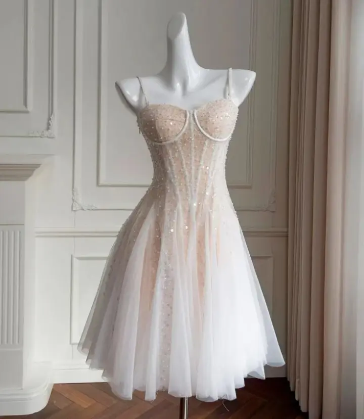 Pink Sequined Strapless Waisted A-Line Layered Tulle Short Skirt Homecoming Dress R3375
