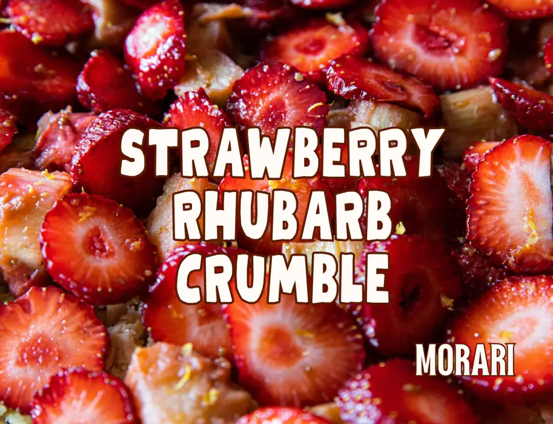 Strawberry Rhubarb Crumble - Stewed Rhubarb, Strawberry, Buttery Crumb Crust.