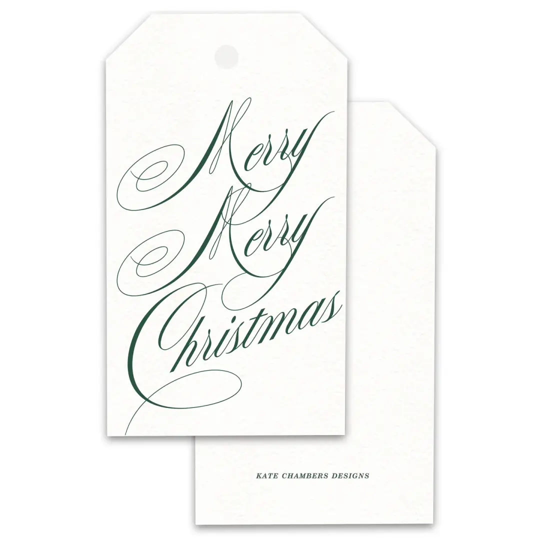 White and Dark Green Merry Merry Christmas Holiday Gift Tags, Set of 12