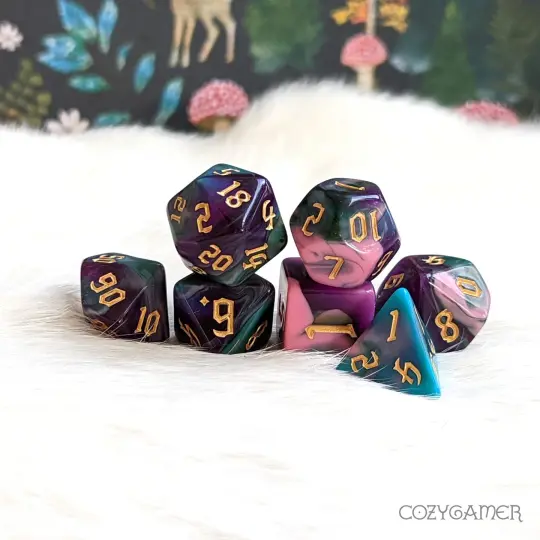 Night Elves Marbled Dice Set – 7-Piece Green Blue Pink Purple Acrylic DnD