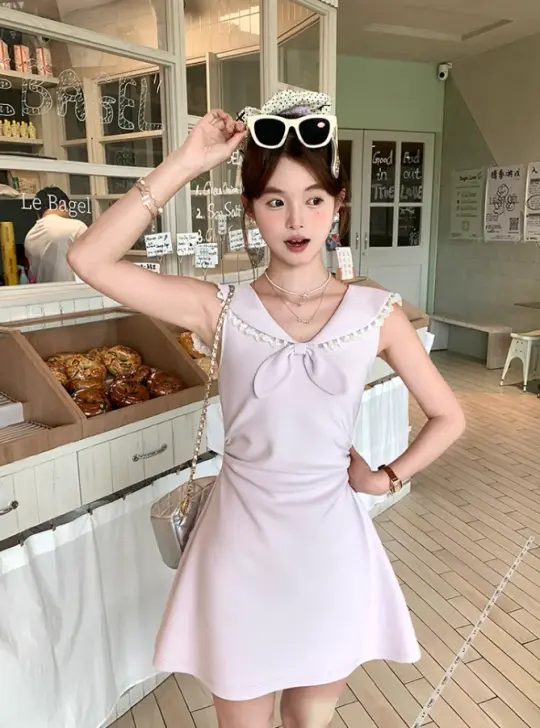 Navy collar bow waist dress summer French fashion temperament skirt R4738
