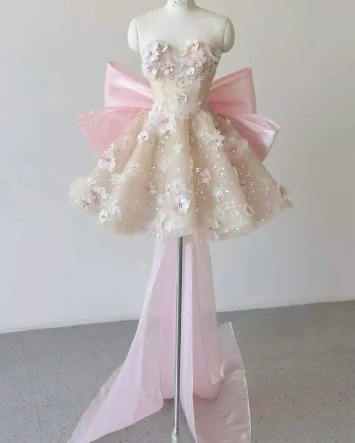 Apricot tube top with diamond and pearl trim and back bow design princess tutu skirt homecoming dress R4059
