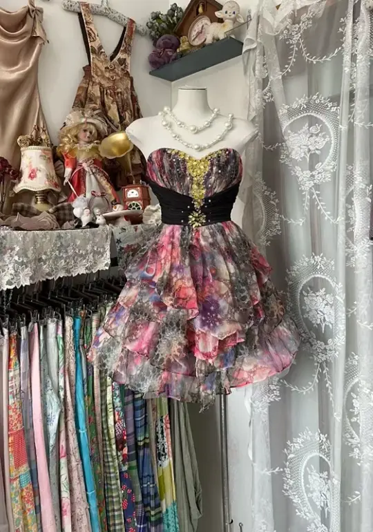 Pink strapless tie-dye fitted waist sexy short ball gown R7882