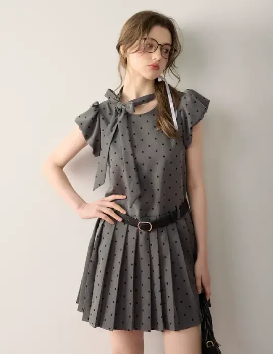 Polka Dot Dress with Detachable Belt, Neck Bow and Back Zipper R9219