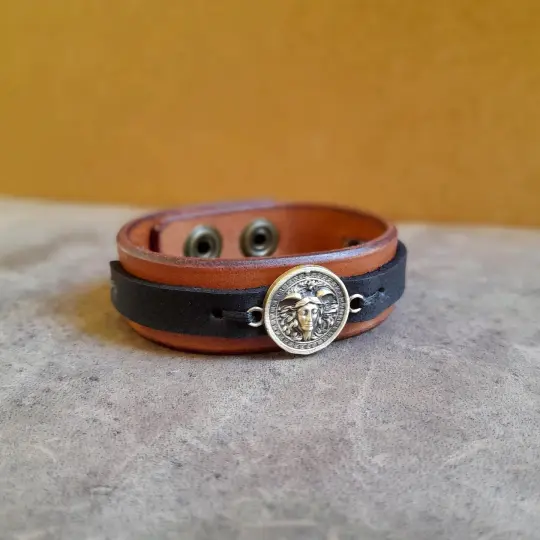 Medusa Leather Bracelet | Handcrafted Brass Charm & Adjustable