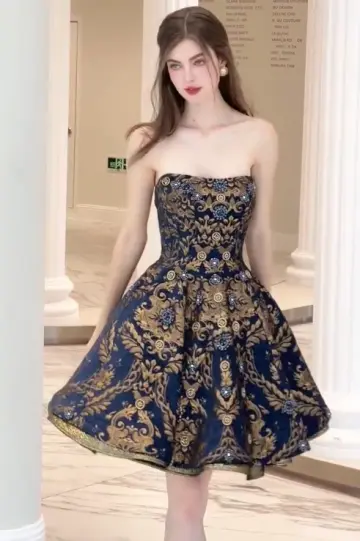 Retro blue short skirt with gold print waist and slimming fluffy skirt for homecoming dress R4210