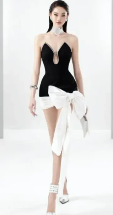 Black design sense tube top waist skirt bow design fashion short skirt homecoming dress R4772