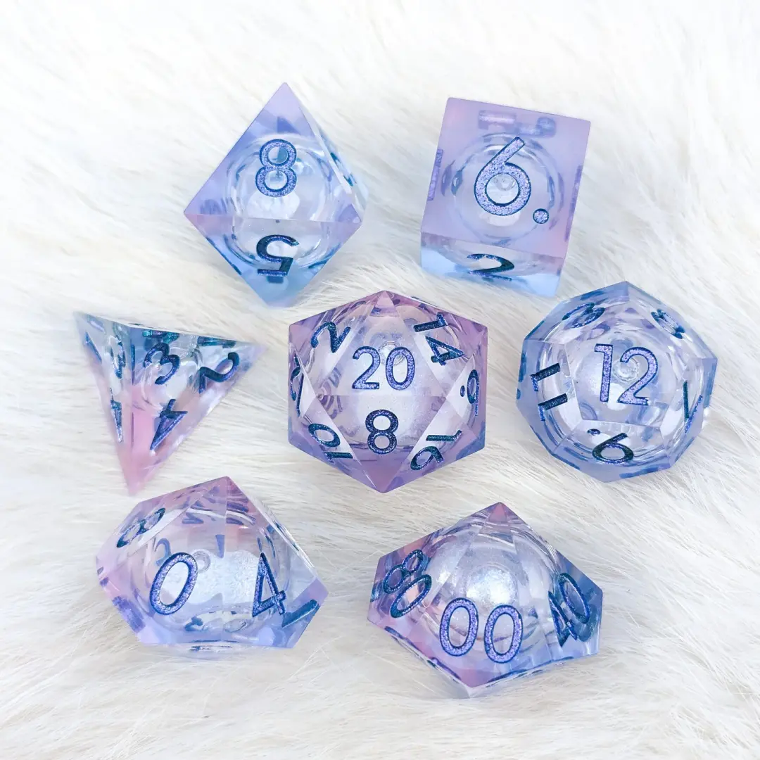 Dreamy Periwinkle Liquid Core Sharp Edge Resin DnD Dice Set