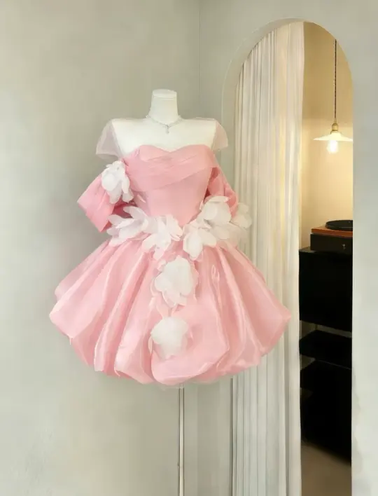 Elegant Pink Homecoming Dress A-Line Off-the-shoulder Applique Corset Mini Birthday Dress RS747