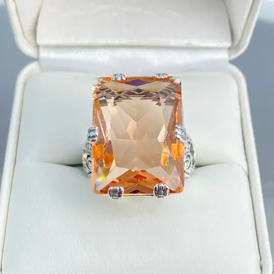 Peach CZ Ring, Size 7, Six Prong Ring, 30ct Art Deco Ring, Vintage Jewelry #D104 - Ready to Ship