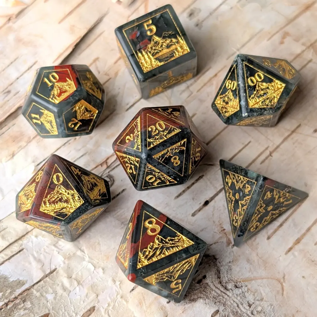 Everwild Bloodstone Gemstone Dice – Forest & Mountain Etched 7-Piece Set | Fennek & Finch