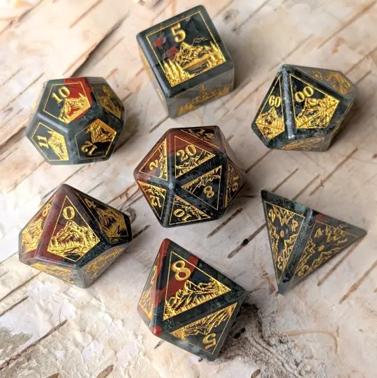Everwild Bloodstone Gemstone Dice – Forest & Mountain Etched 7-Piece Set | Fennek & Finch