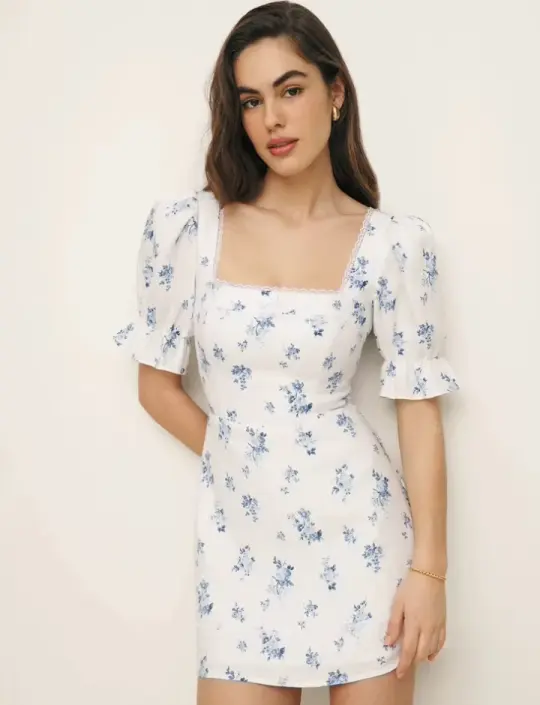 French floral square neck lace small lace retro bow dress R2917