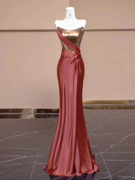 Champagne gold strapless dress with retro reddish-brown bodycon skirt, sexy ball gown/bridal gown R8283