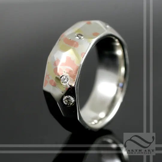 Hand Forged Mixed Metal Faceted Ring with Diamonds