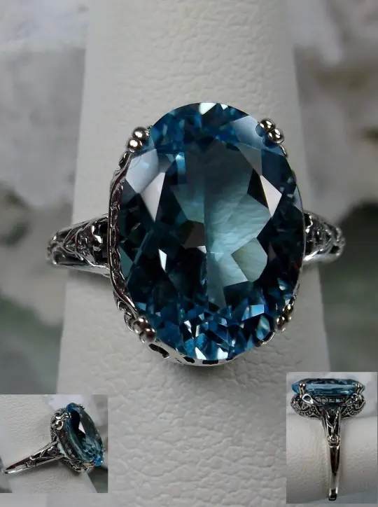 Natural Blue Topaz Ring, Sterling Silver Edwardian Jewelry #D70