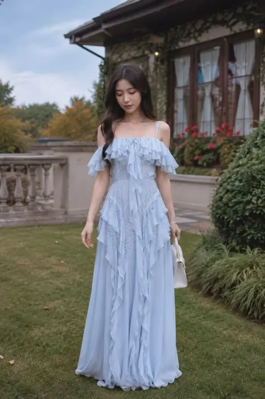 Clean Flowy Pleated Prom Gown Pale Blue Women's Corset Maxi Birthday Dress — Fall Outfit 2026 New RS3113