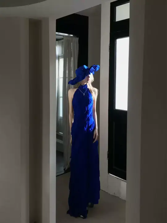 Elegant Blue Halter Backless Vacation Dress R9114