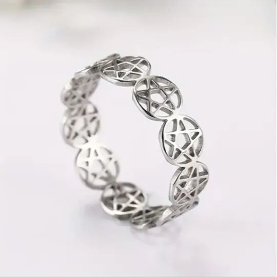 Hollow Pentagram Circle Ring in Polished Stainless Steel