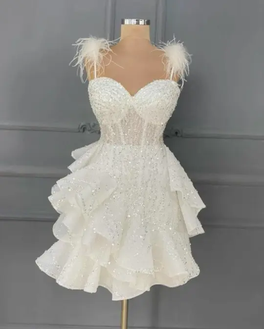 White suspender feather tube top sexy diamond waist slim short skirt homecoming dress R3896