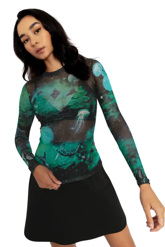 Galactic Ocean Sheer High Neck Long Sleeve Top