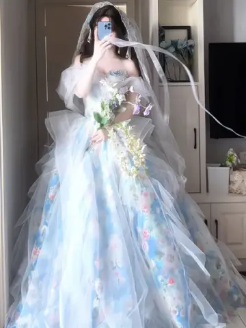 Elegant Pale Blue Floral Ball Gown Strapless Organza Corset Maxi Evening Dress Birthday Dress RS348