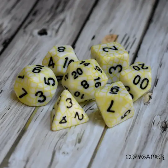 Cracked Porcelain DnD Dice Set – 7-Piece White Yellow Web Resin Dice