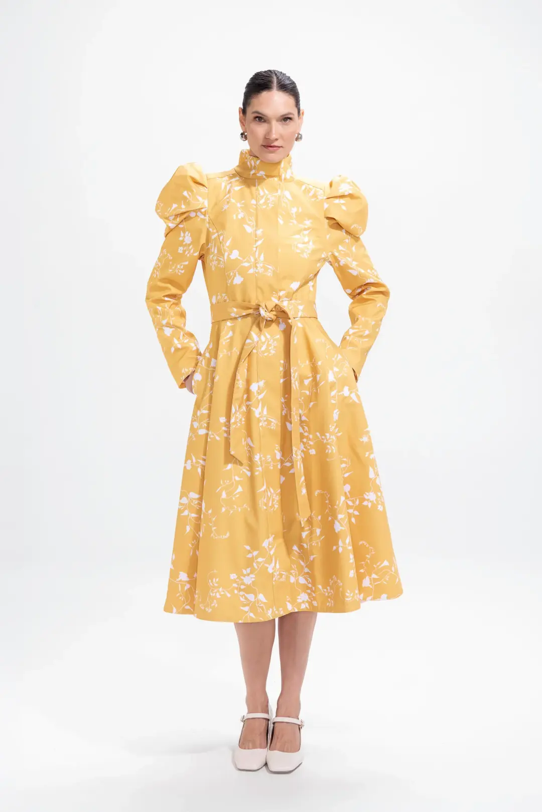 Fit and Flare Coat with Balloon-Styled Sleeves in Yellow with White Floral Print | Majestic Yellow