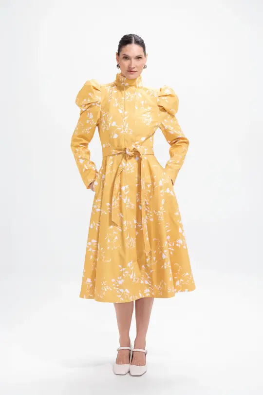 Fit and Flare Coat with Balloon-Styled Sleeves in Yellow with White Floral Print | Majestic Yellow