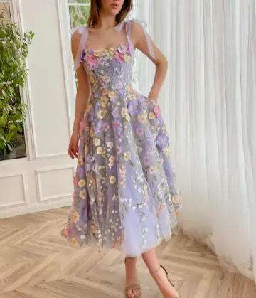 Dreamy Purple Prom Gown , Floral Pattern Tulle Corset Midi Birthday Dress RS1502