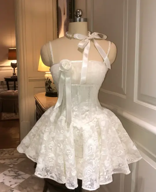 White suspenders waist slim lace skirt slim A-line short skirt homecoming dress R4158