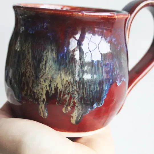 Deep Red with Melting Blue and Gold Glazed Pottery Mug, 13 Ounce Handcrafted Coffee Cup, Made in USA